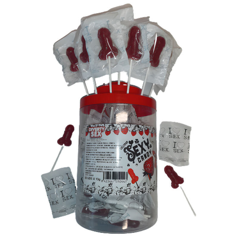 DIABLO PICANTE - 50 STRAWBERRY &amp; CHERRY CANDY PENIS LOLLIPOP 50 UNITS