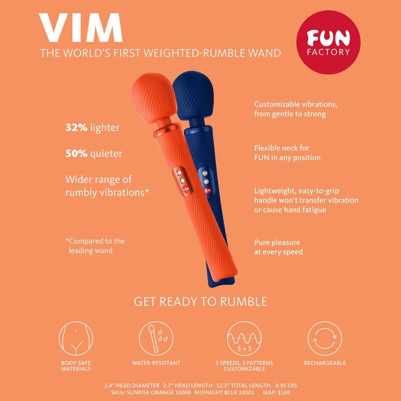 FUN FACTORY - VIM WAND RUMBLE VIBRADOR RECARGABLE SILICONE ORANGE