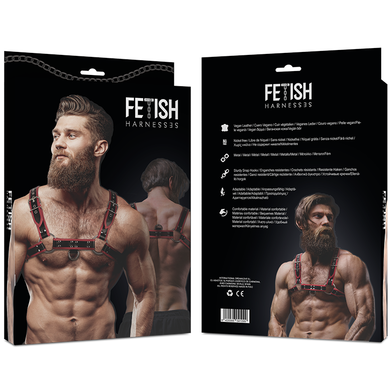 FETISH SUBMISSIVE ATTITUDE - MENS ECO-LEATHER CHEST HARNESS BLACK/RED