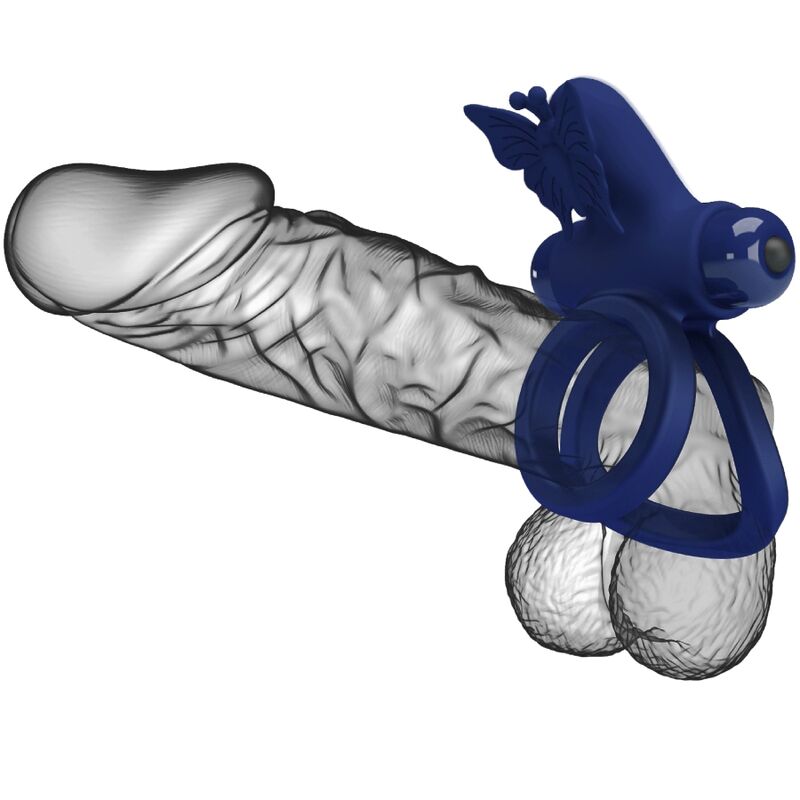 PRETTY LOVE - JAMELE DOUBLE RING WITH VIBRATION &amp; BUTTERFLY STIMULATOR BLUE