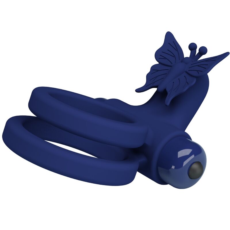 PRETTY LOVE - JAMELE DOUBLE RING WITH VIBRATION &amp; BUTTERFLY STIMULATOR BLUE