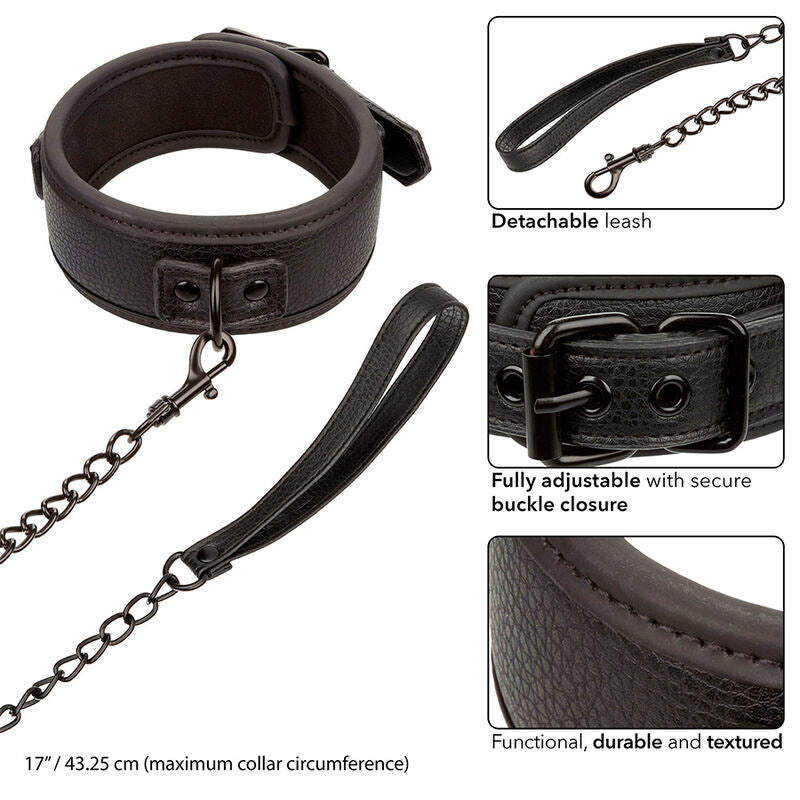 CALEXOTICS - NOCTURNAL COLLAR &amp; LEASH LEATHER ADJUSTABLE BLACK