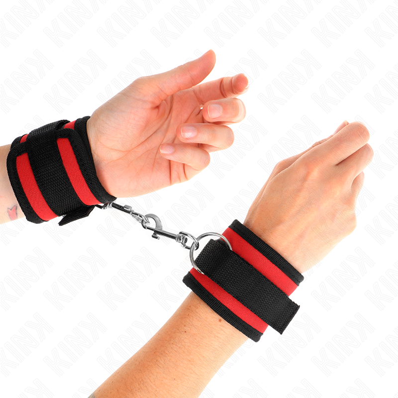 KINK - NYLON BIND HOOK&amp;LOOP WRIST RESTRAINTS RED-BLACK MODEL 2 ADJUSTABLE 18-35 CM X 6 CM
