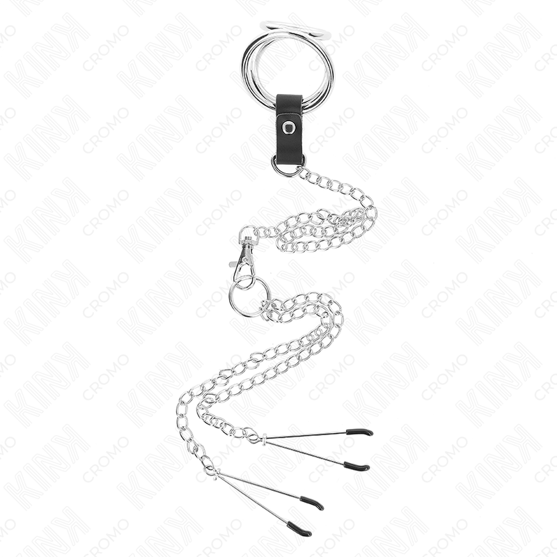 KINK - TRIPLE CHROME METAL PENIS RING 3 CM TO 4.5 CM WITH 26 CM METAL CHAIN ​​AND NIPPLE CLIPS