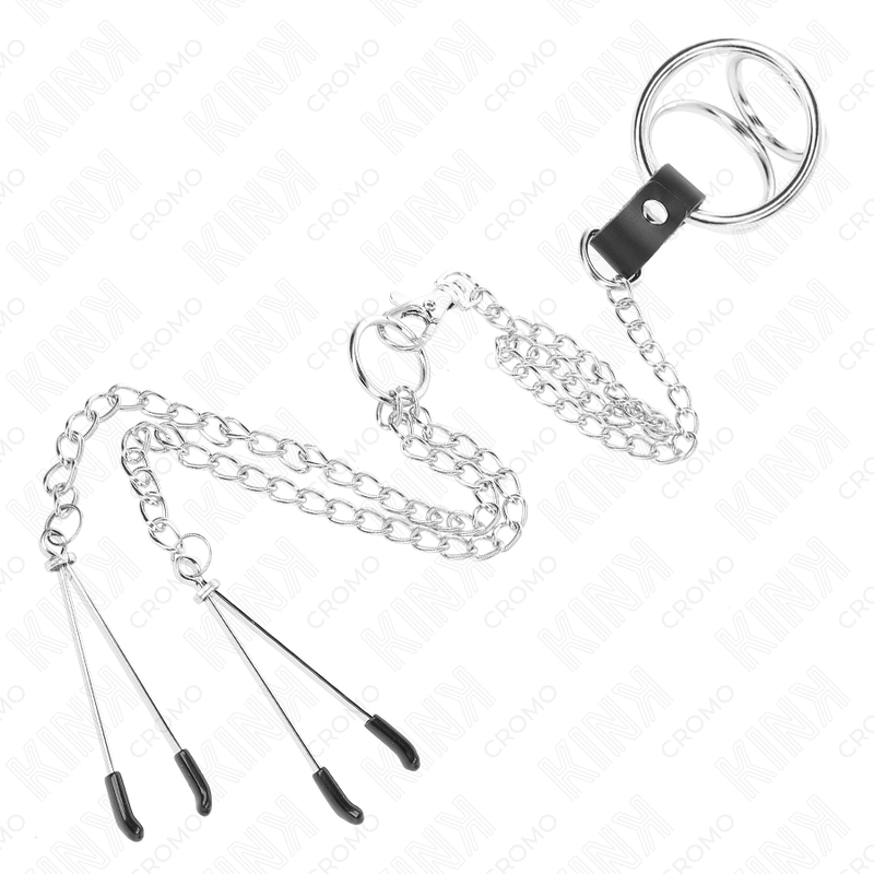 KINK - TRIPLE CHROME METAL PENIS RING 3 CM TO 4.5 CM WITH 26 CM METAL CHAIN ​​AND NIPPLE CLIPS