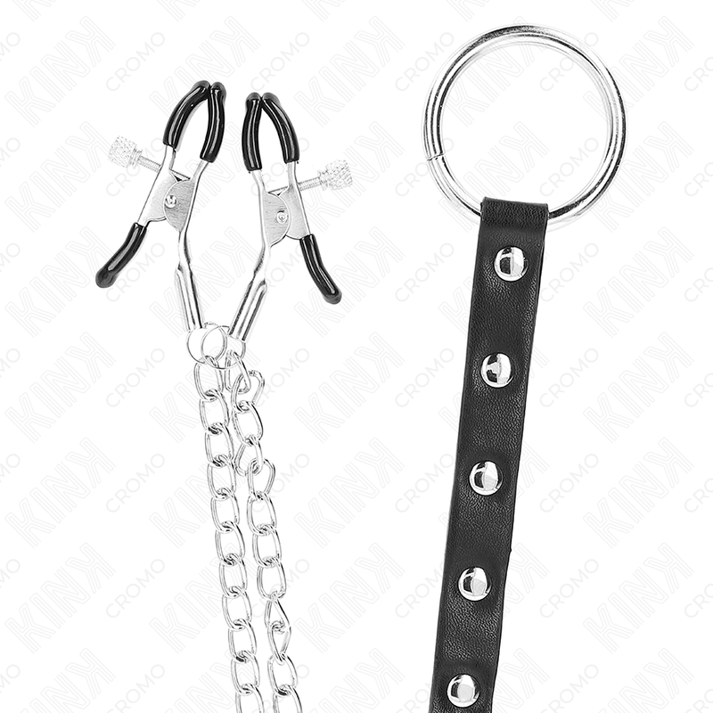 KINK - METAL PENIS RING WITH CHAIN ​​AND ADJUSTABLE NIPPLE CLAMPS