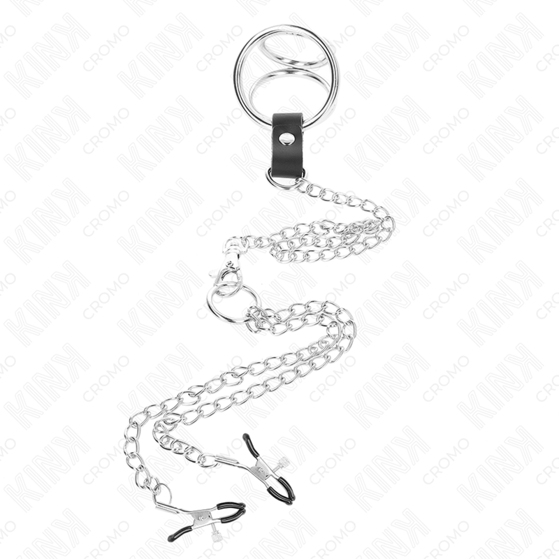 KINK - TRIPLE CHROME METAL PENIS RING 3 CM TO 4.5 CM WITH 26 CM METAL CHAIN ​​AND NIPPLE CLIPS