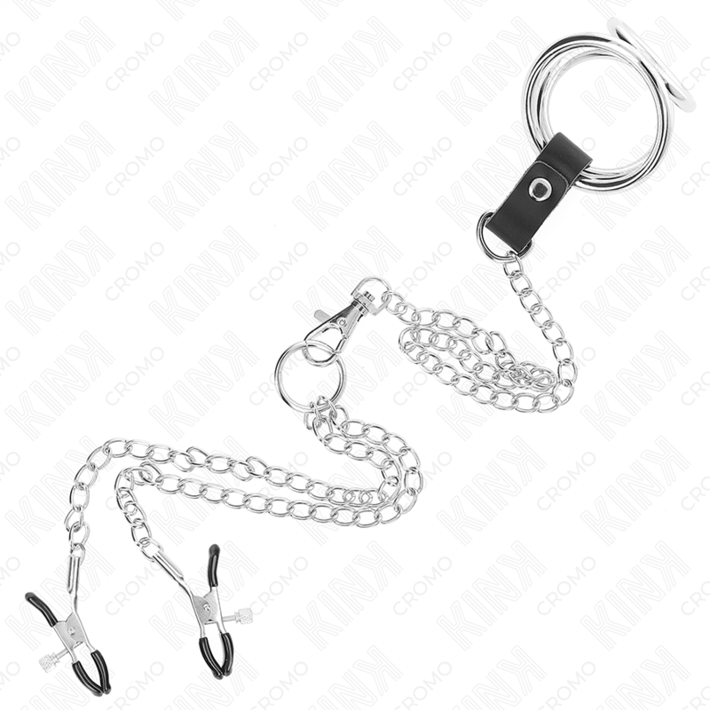 KINK - TRIPLE CHROME METAL PENIS RING 3 CM TO 4.5 CM WITH 26 CM METAL CHAIN ​​AND NIPPLE CLIPS