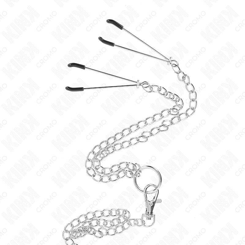 KINK - TRIPLE CHROME METAL PENIS RING 3.8 CM TO 5 CM WITH 26 CM METAL CHAIN ​​AND NIPPLE CLAMPS MODEL 2