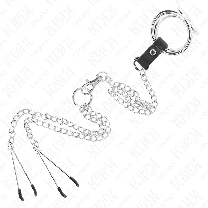 KINK - TRIPLE CHROME METAL PENIS RING 3.8 CM TO 5 CM WITH 26 CM METAL CHAIN ​​AND NIPPLE CLAMPS MODEL 2